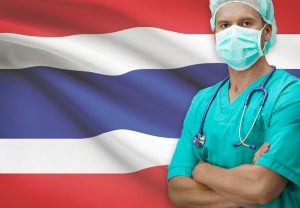 A surgeon in a mask with a Thai flag in the background. Plastic surgery in Thailand is common amongst locals and farang visiting for medical tourism