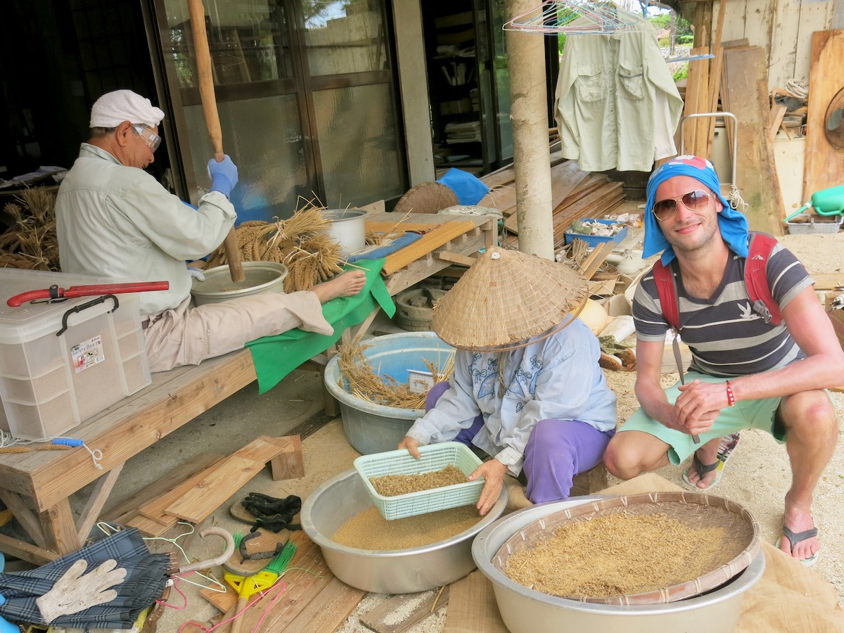 A male tourist in Okinawa Japan poses while the locals produce millet and rice