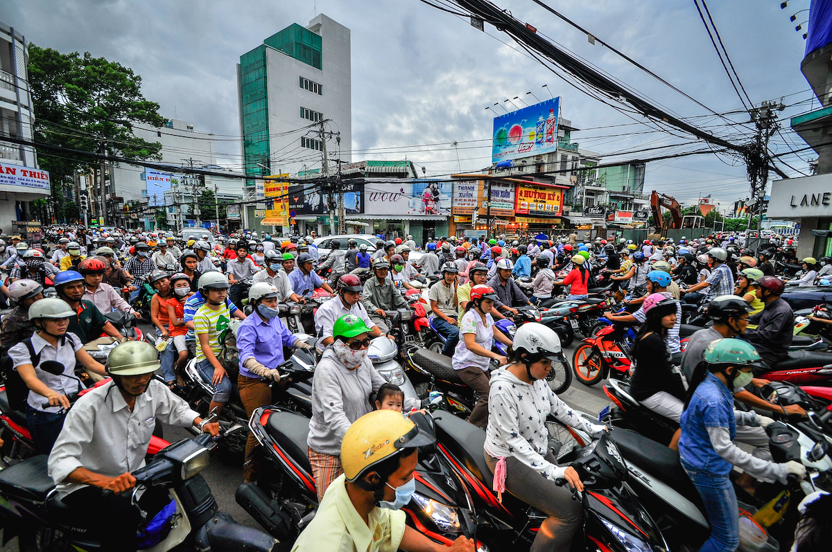 A traffic jam of motorcycles and scooters in Saigon, Vietnam.