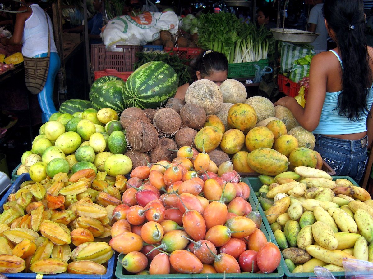A mixture of colourful tropical fruit at a market in Colombia.