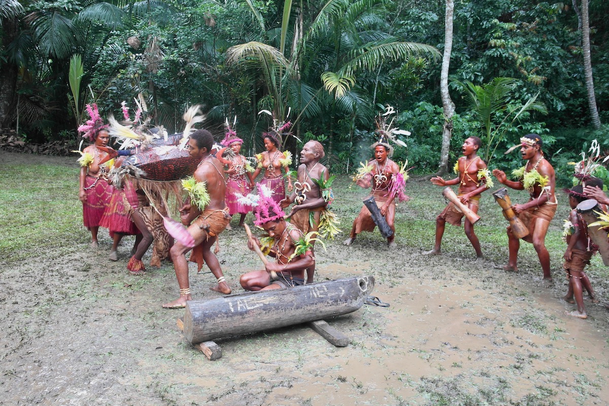 A Papua New Guinea tribe perform a traditional sing-sing dance in the rainforest