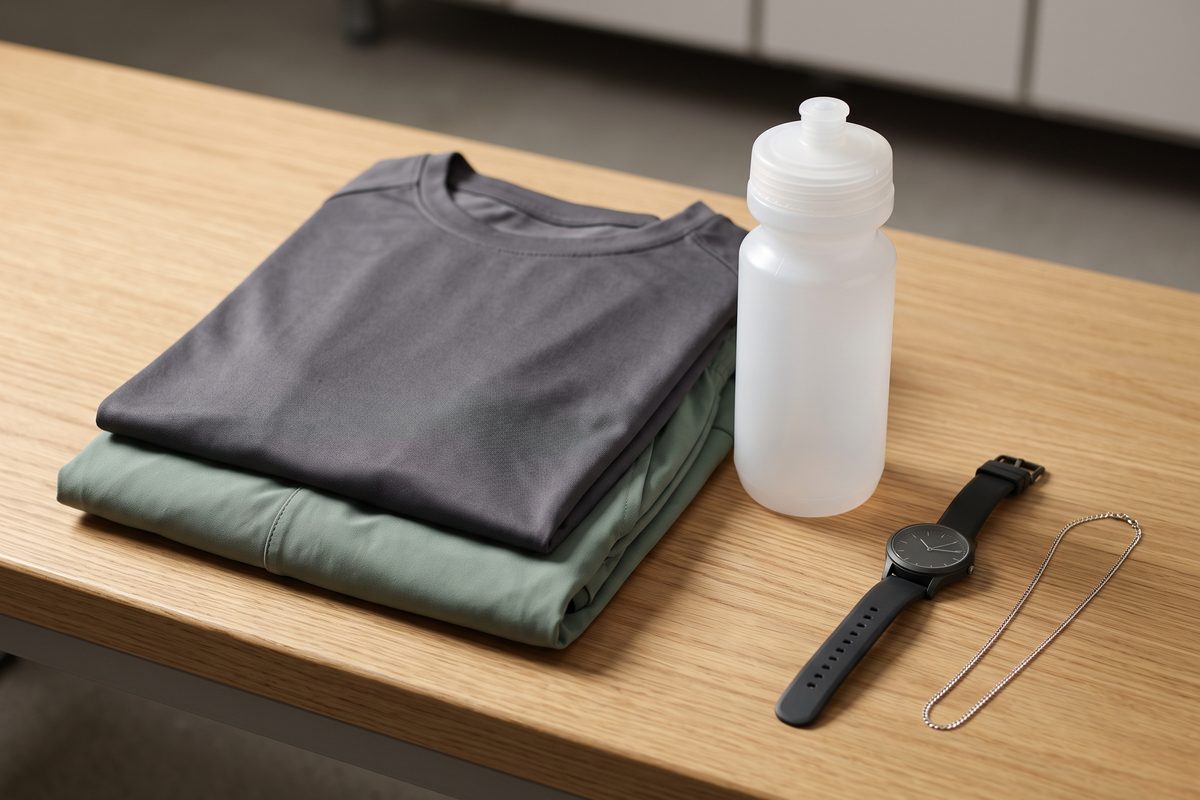 DEXA Scans for Athletes: What Your Body Composition Tells You | sportswear water bottle watch and necklace Folded sportswear and a water bottle, with a watch and necklace set aside