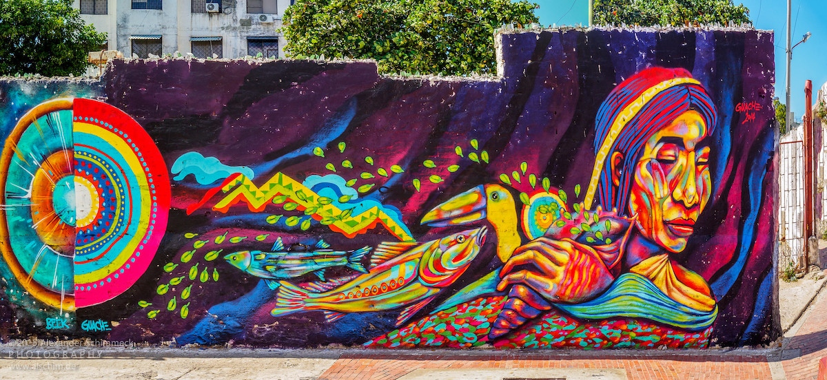 Street art depicting an indigenous lady with a toucan bird and tropical fish.
