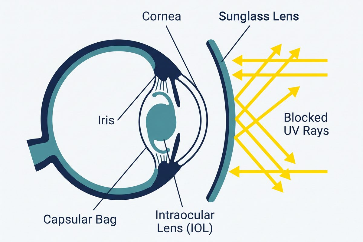 Best Sunglasses After Cataract Surgery: What to Look For | sunglasses blocking uv intraocular lens diagram Diagram of sunglasses blocking UV rays from an eye with an intraocular lens