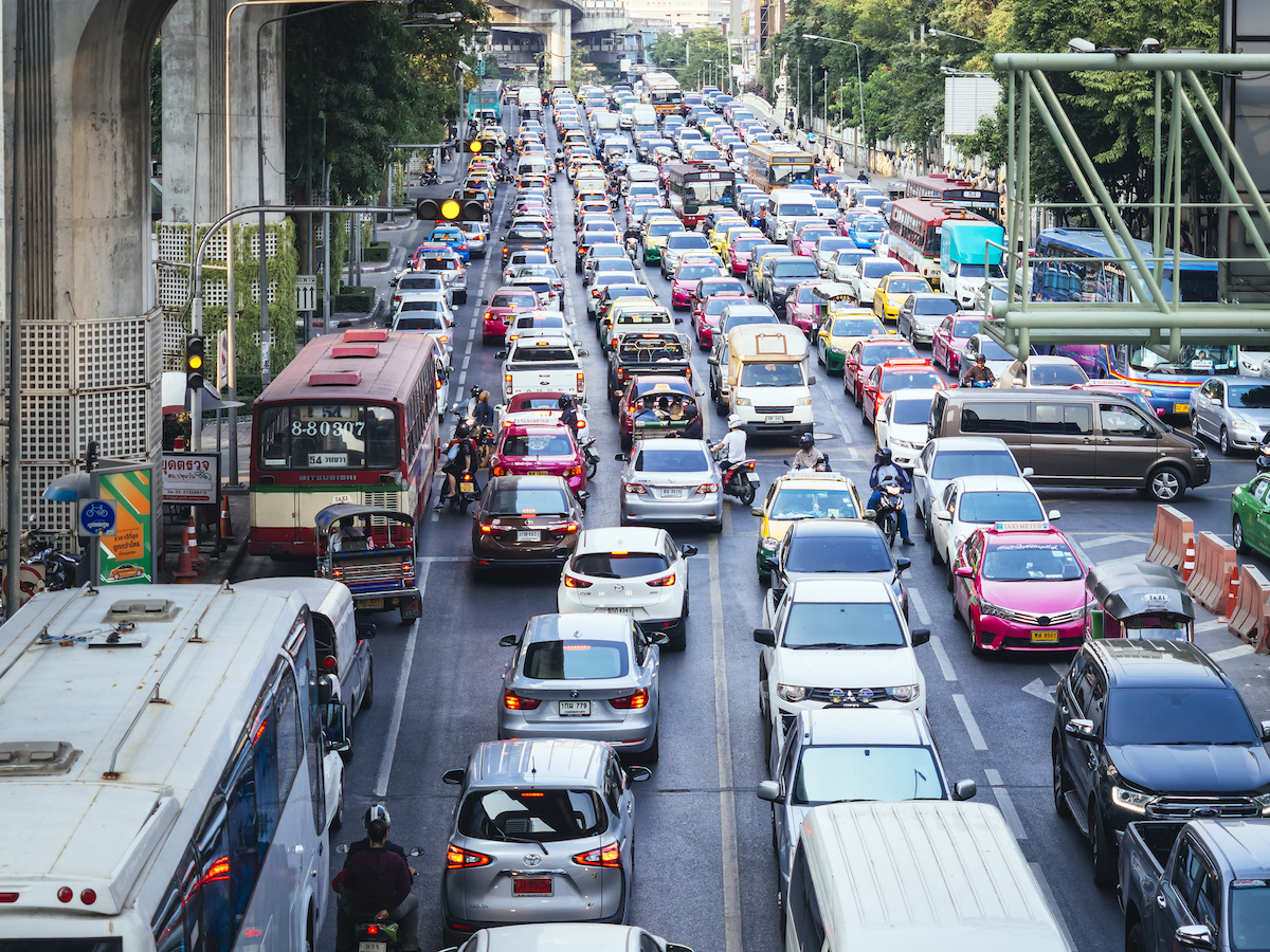 Traffic jams in Bangkok city Cars on the street with pollution