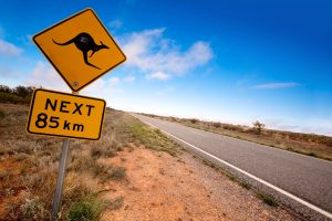 Kangaroo warning sign on a road in the Australian outback. Western New South Wales.