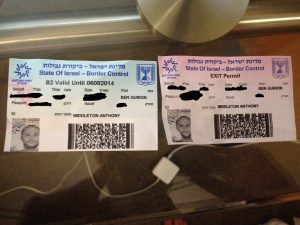 Two tourist immigration papers for Israel