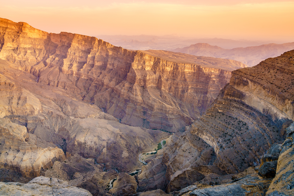 A large canyon at sunset.