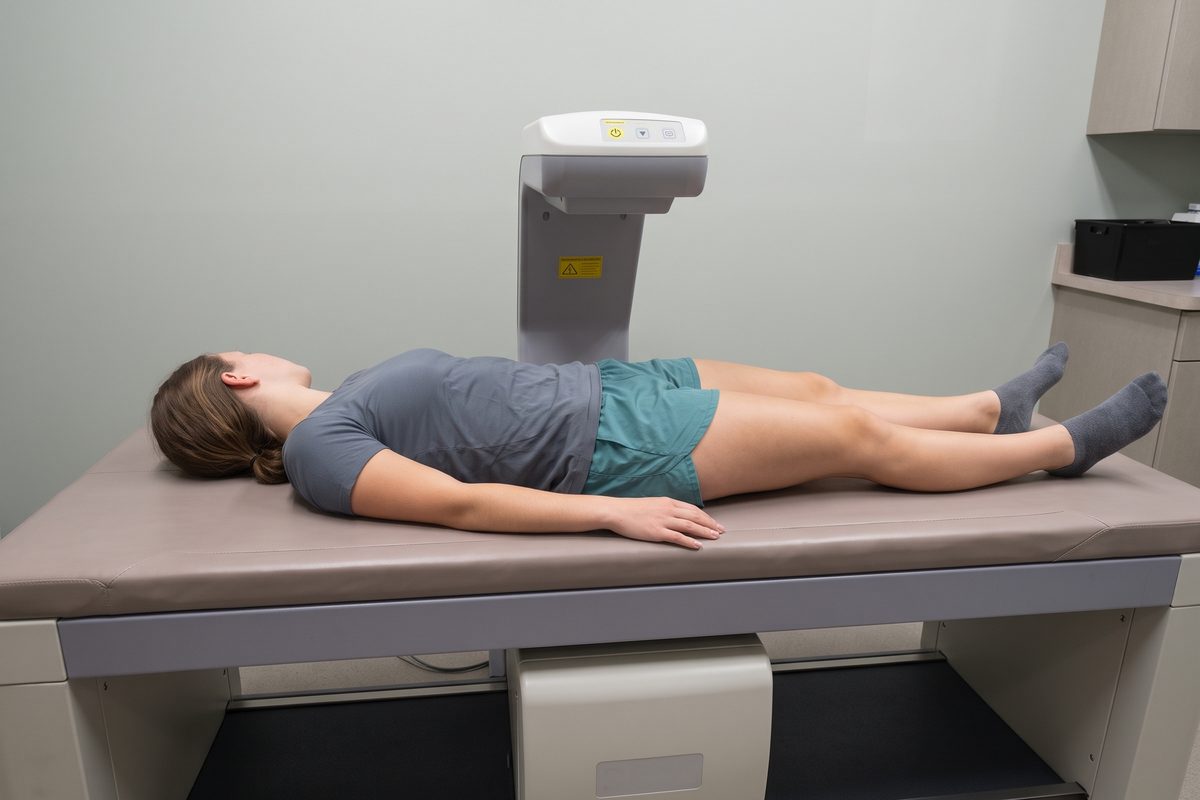 DEXA Scans for Athletes: What Your Body Composition Tells You | woman lying on dexa scanner table Woman in sportswear lying still on the padded table of a DEXA scanner